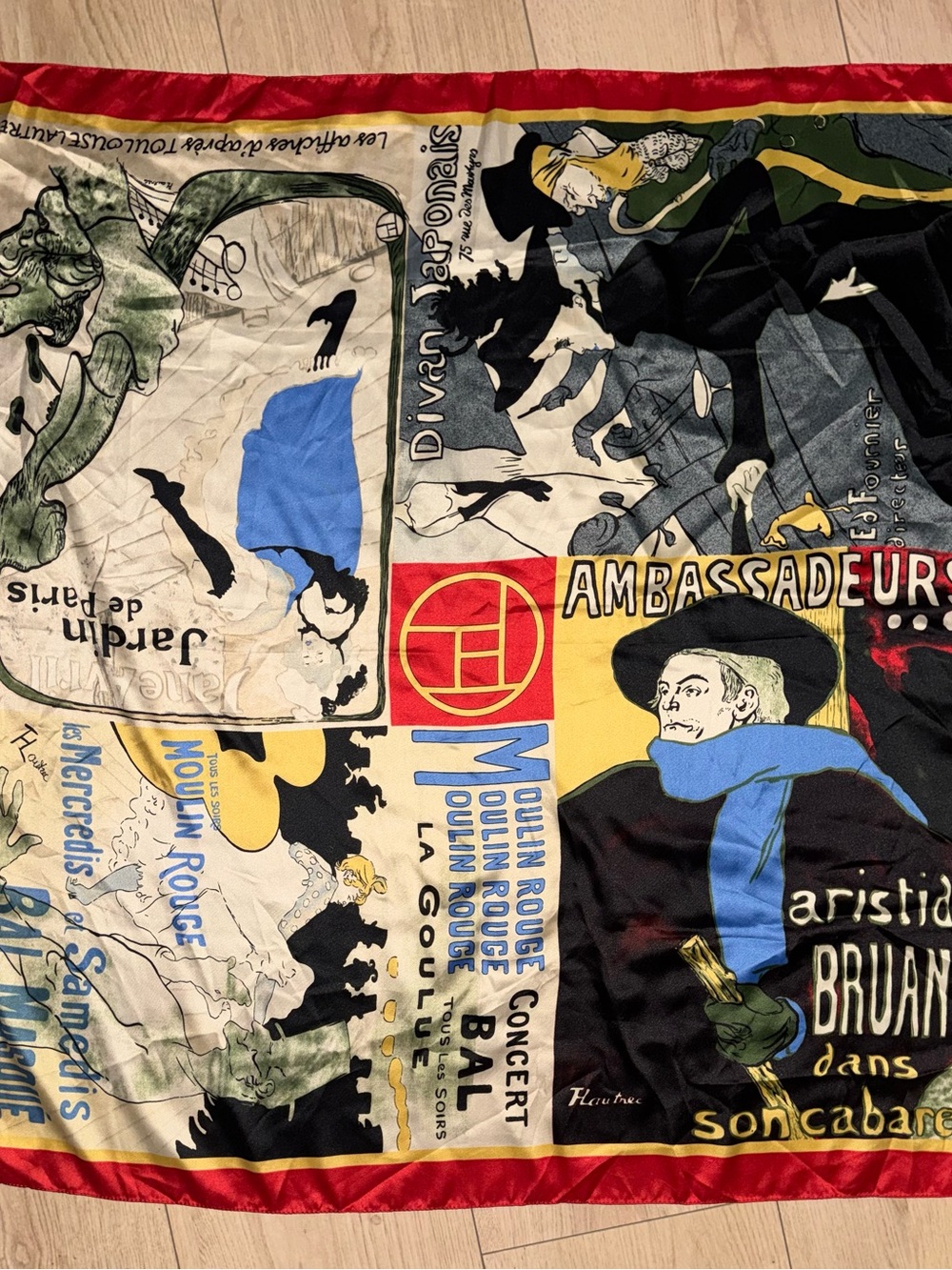 vintage art scarf with posters by French artist Henri de Toulouse-Lautrec